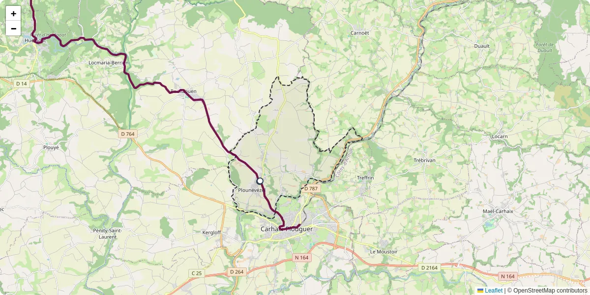 Carte du réseau de transport en commun à Plounévézel - lignes de bus et arrêts