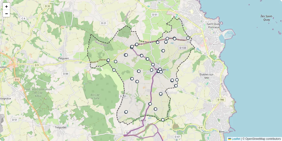 Carte du réseau de transport en commun à Plourhan - lignes de bus et arrêts
