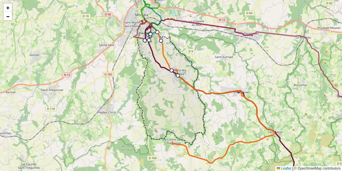 Carte du réseau de transport en commun à Plourin-lès-Morlaix - lignes de bus et arrêts