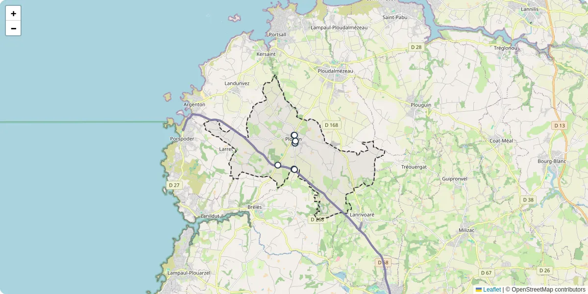 Carte du réseau de transport en commun à Plourin - lignes de bus et arrêts