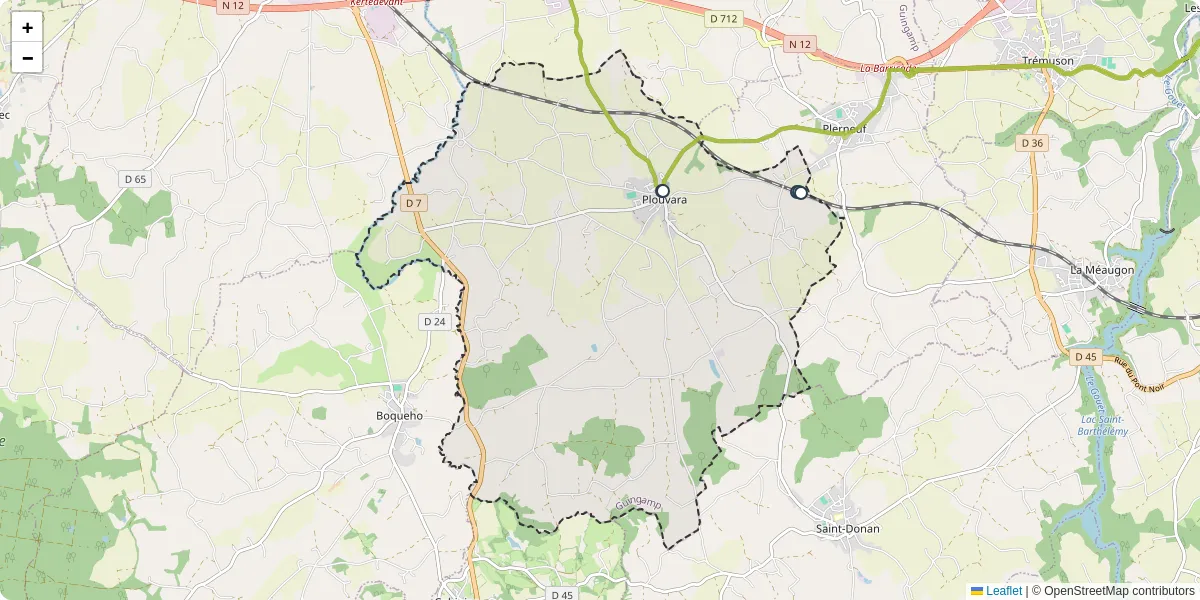 Carte du réseau de transport en commun à Plouvara - lignes de bus et arrêts