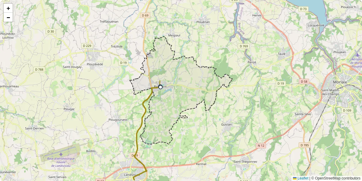 Carte du réseau de transport en commun à Plouvorn - lignes de bus et arrêts