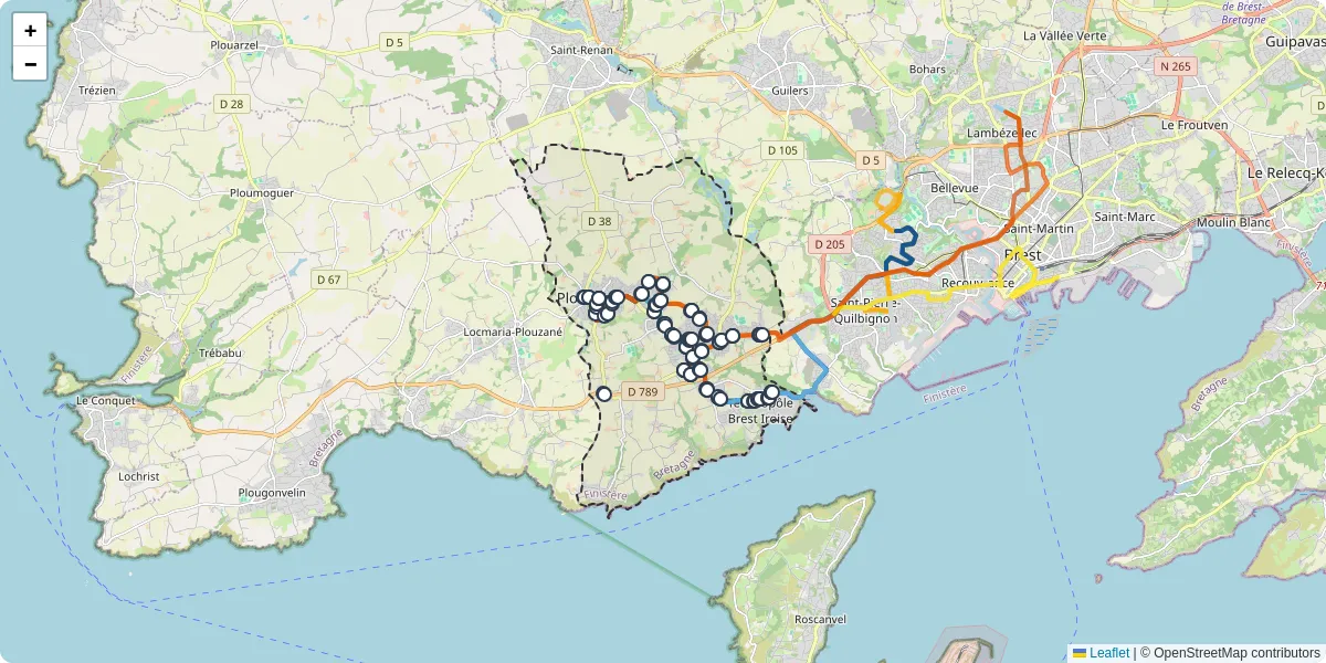 Carte du réseau de transport en commun à Plouzané - lignes de bus et arrêts