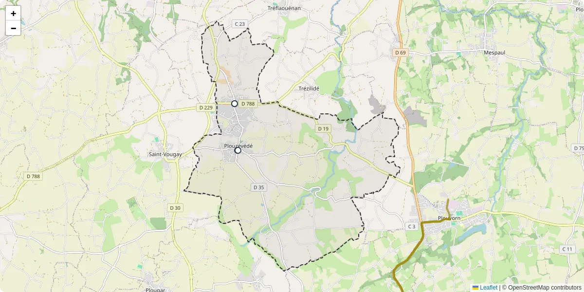 Carte du réseau de transport en commun à Plouzévédé - lignes de bus et arrêts