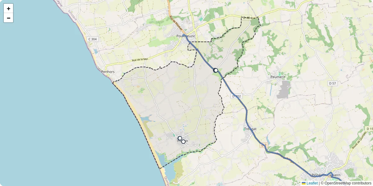 Carte du réseau de transport en commun à Plovan - lignes de bus et arrêts