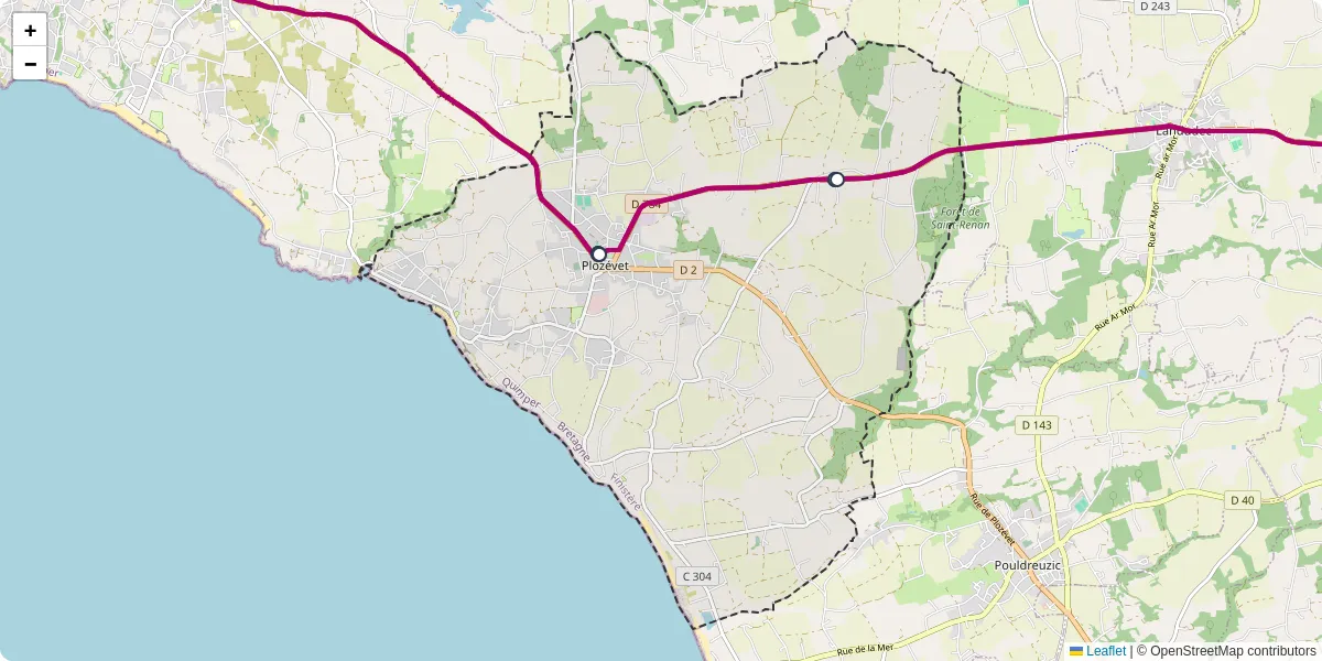 Carte du réseau de transport en commun à Plozévet - lignes de bus et arrêts