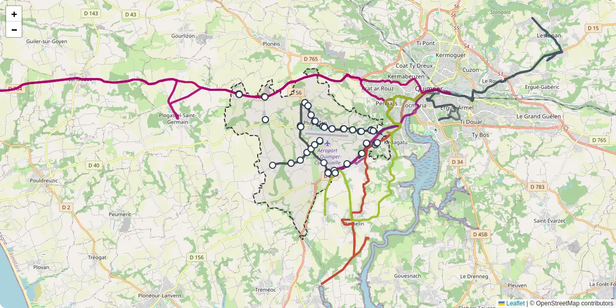 Carte du réseau de transport en commun à Pluguffan - lignes de bus et arrêts
