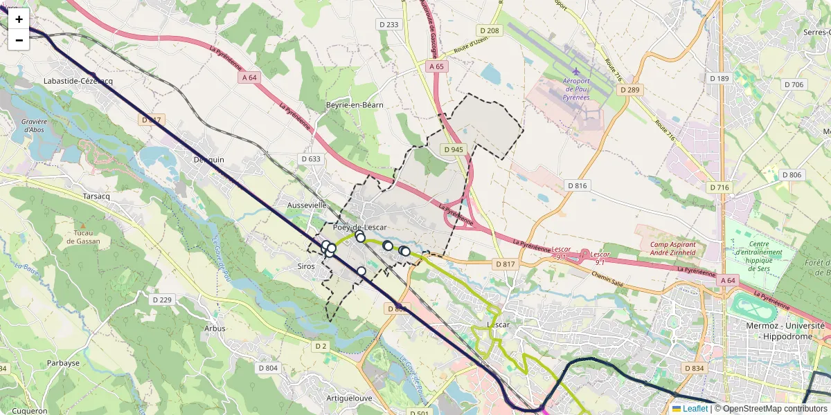 Carte du réseau de transport en commun à Poey-de-Lescar - lignes de bus et arrêts