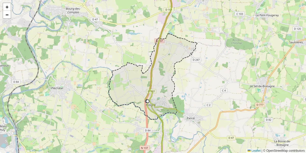 Carte du réseau de transport en commun à Poligné - lignes de bus et arrêts