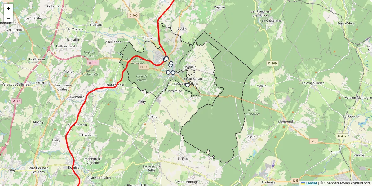 Carte du réseau de transport en commun à Poligny - lignes de bus et arrêts