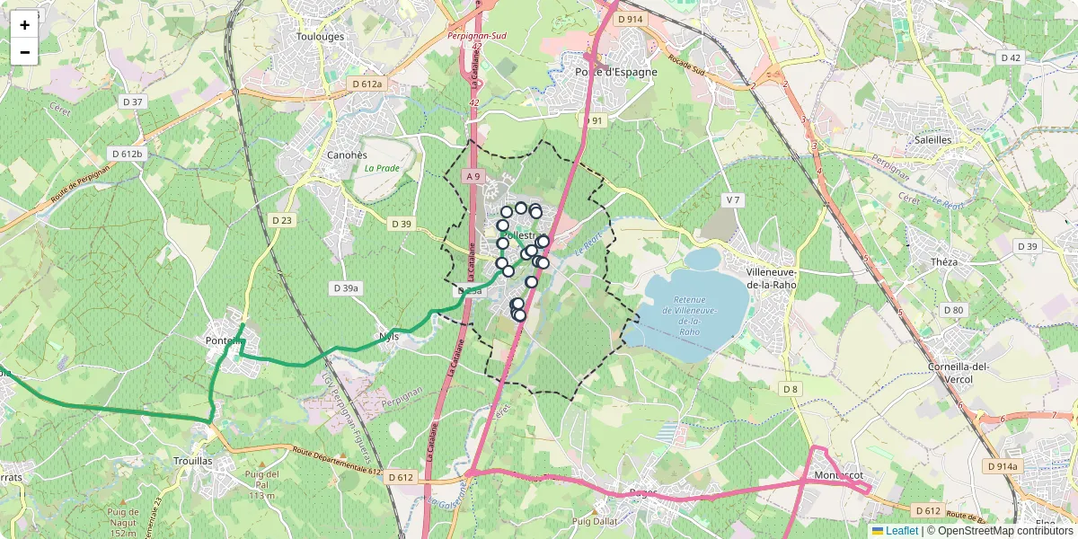 Carte du réseau de transport en commun à Pollestres - lignes de bus et arrêts