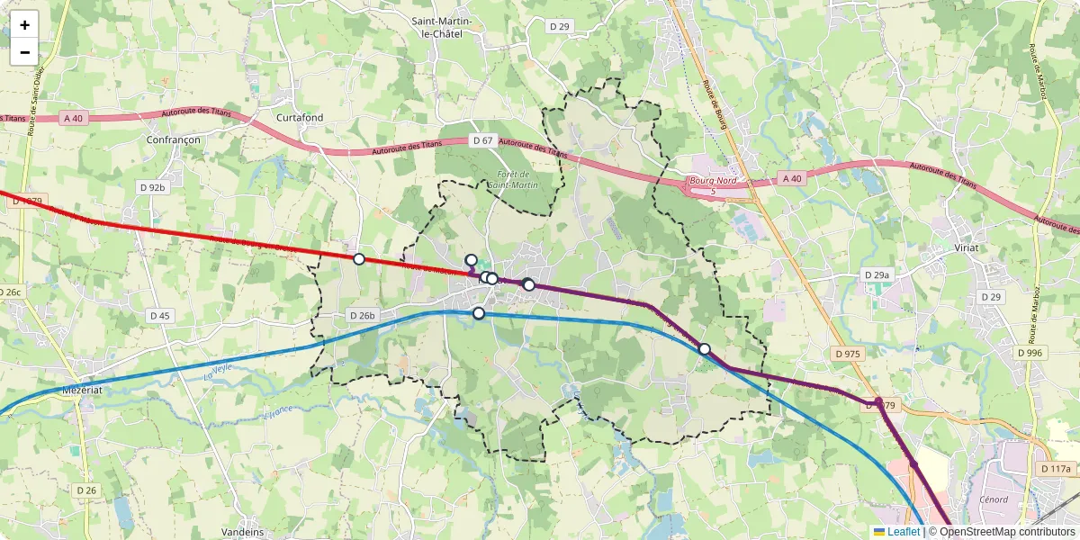 Carte du réseau de transport en commun à Polliat - lignes de bus et arrêts