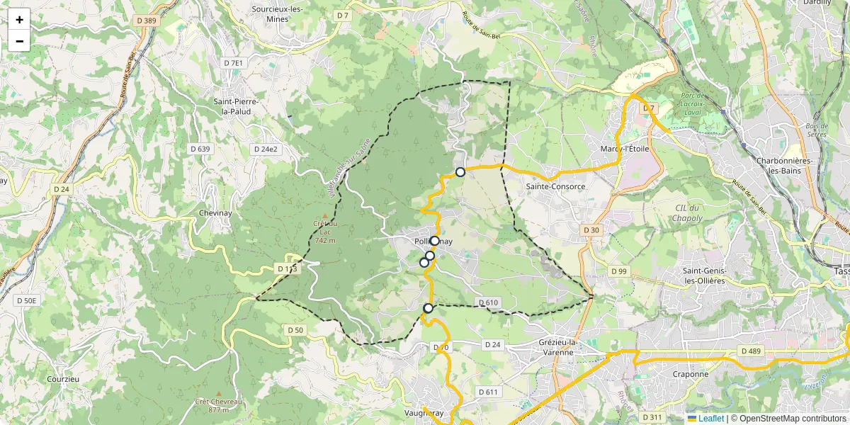Carte du réseau de transport en commun à Pollionnay - lignes de bus et arrêts