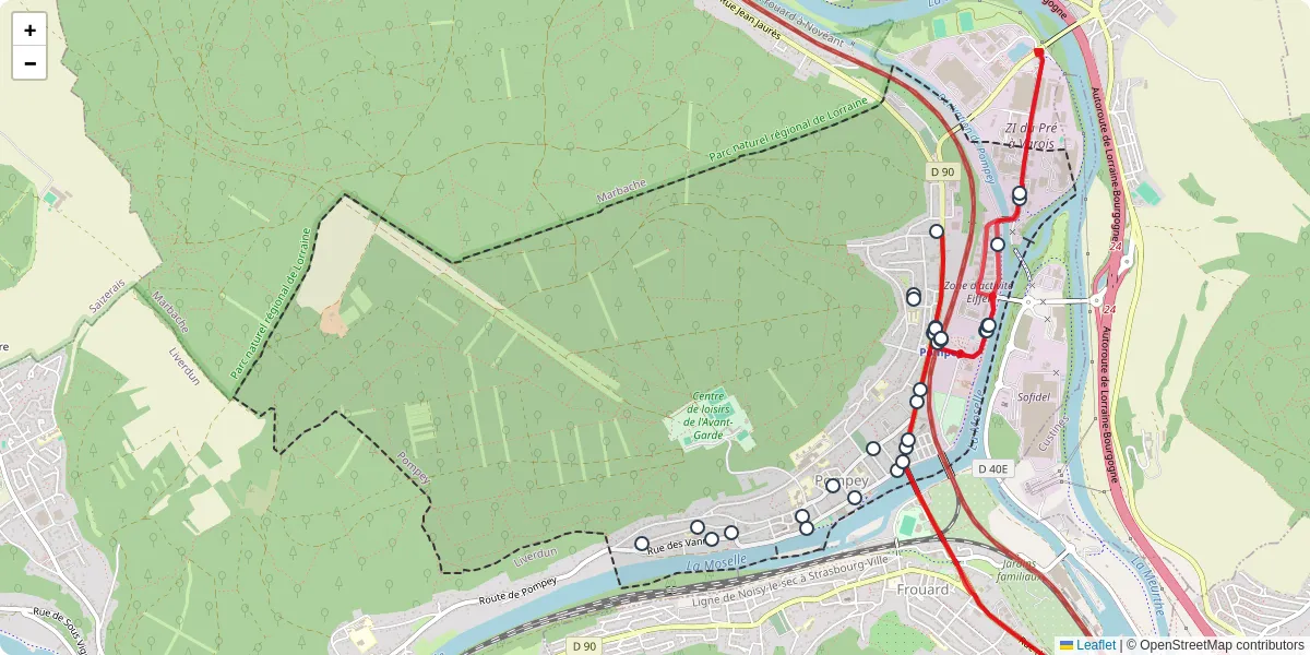Carte du réseau de transport en commun à Pompey - lignes de bus et arrêts