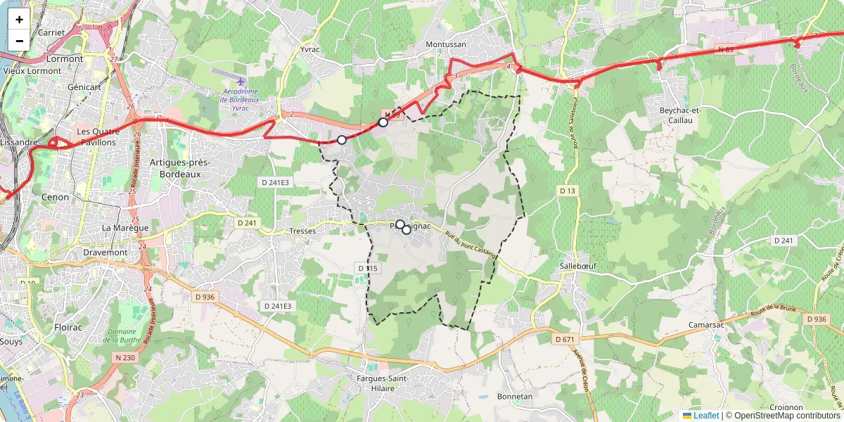 Carte du réseau de transport en commun à Pompignac - lignes de bus et arrêts