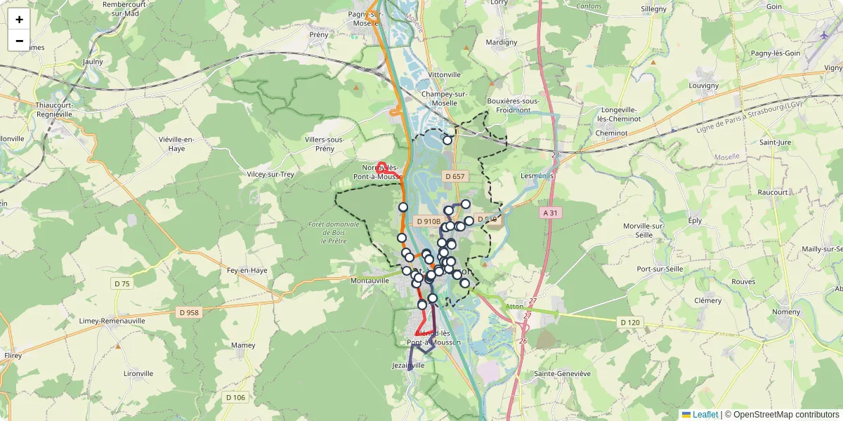 Carte du réseau de transport en commun à Pont-à-Mousson - lignes de bus et arrêts