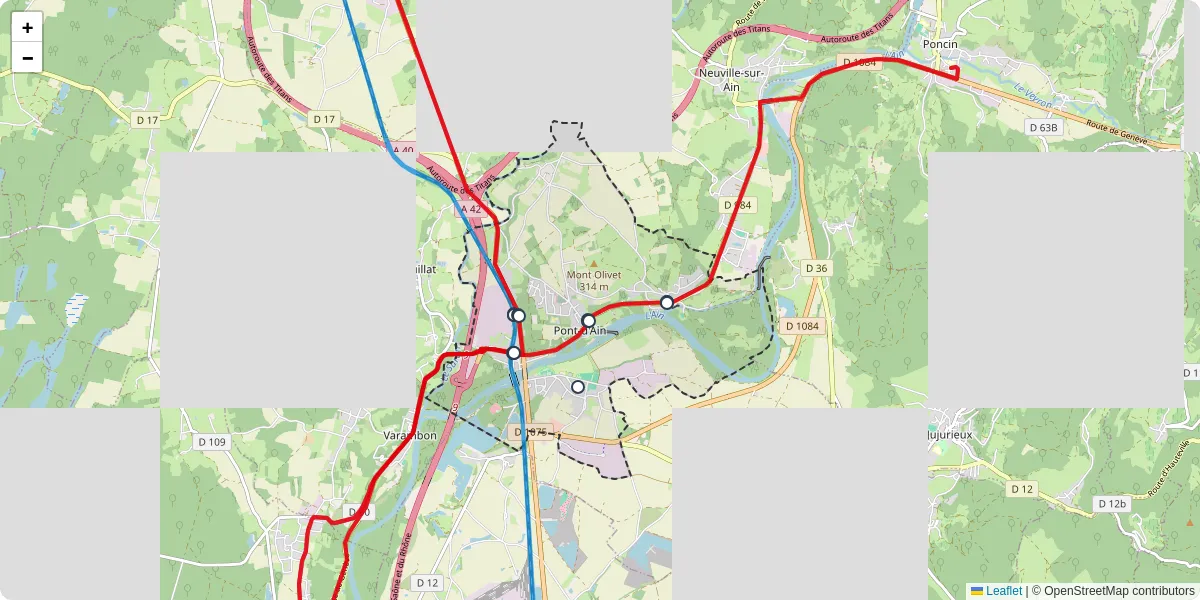 Carte du réseau de transport en commun à Pont-d'Ain - lignes de bus et arrêts