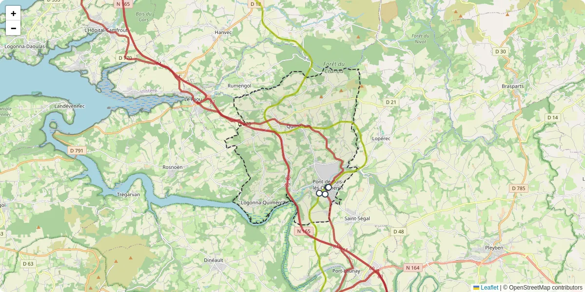 Carte du réseau de transport en commun à Pont-de-Buis-lès-Quimerch - lignes de bus et arrêts