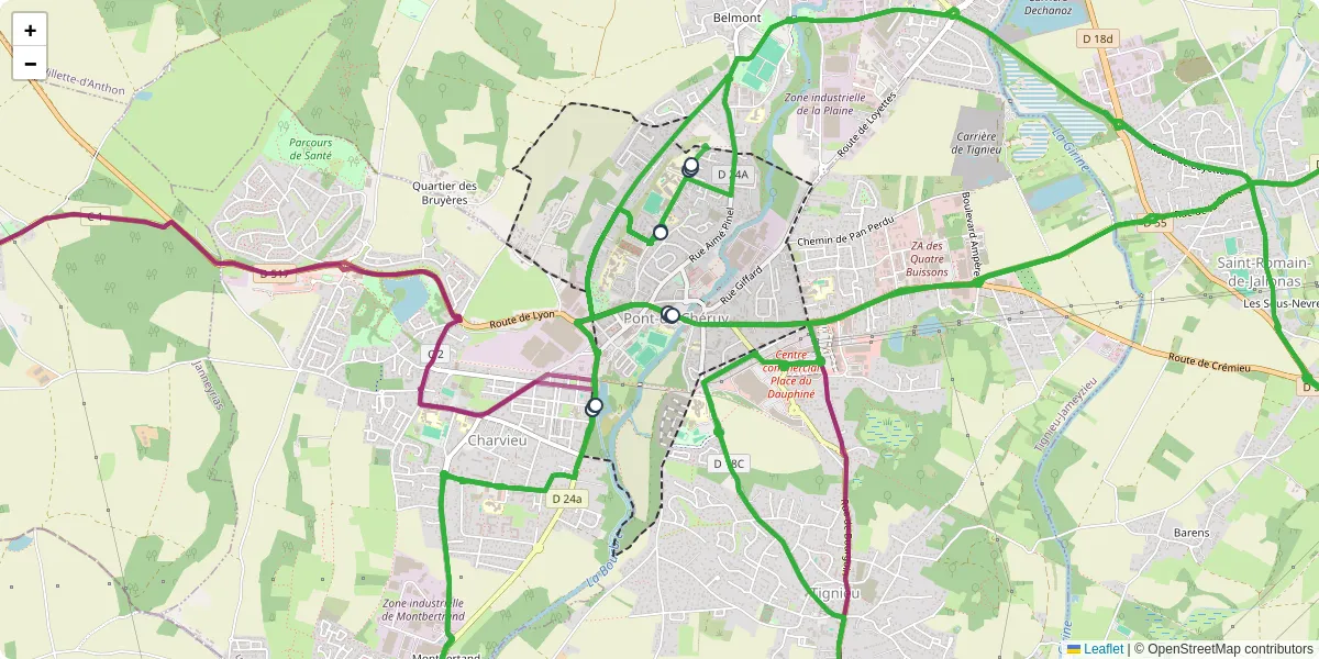 Carte du réseau de transport en commun à Pont-de-Chéruy - lignes de bus et arrêts