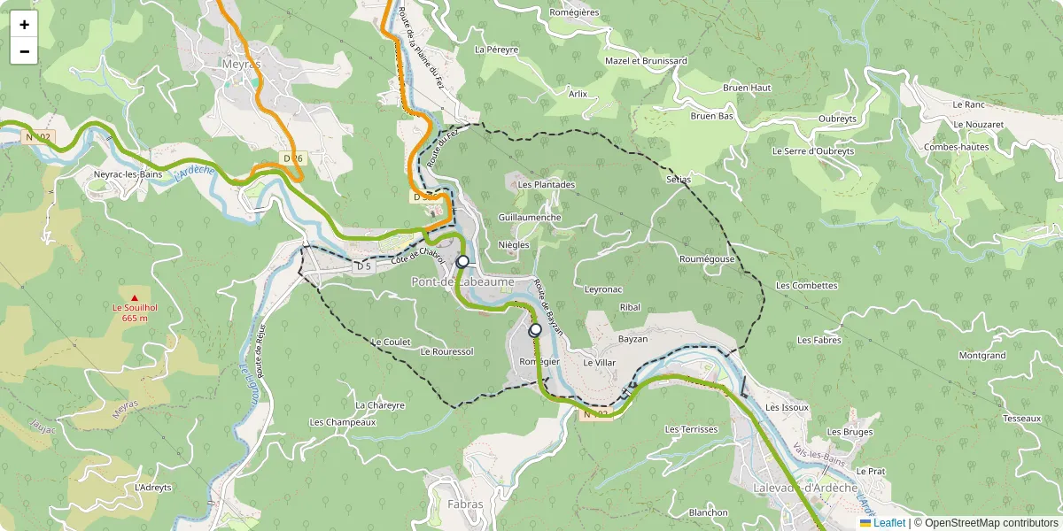 Carte du réseau de transport en commun à Pont-de-Labeaume - lignes de bus et arrêts