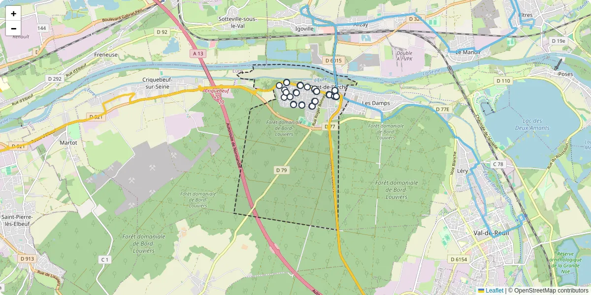 Carte du réseau de transport en commun à Pont-de-l'Arche - lignes de bus et arrêts