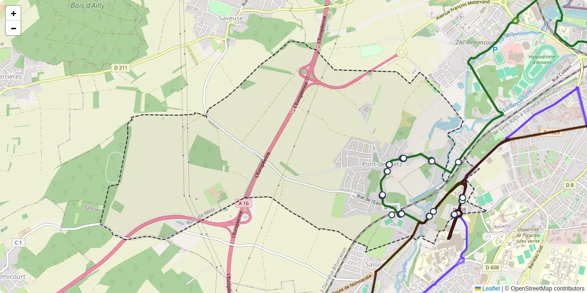 Carte du réseau de transport en commun à Pont-de-Metz - lignes de bus et arrêts