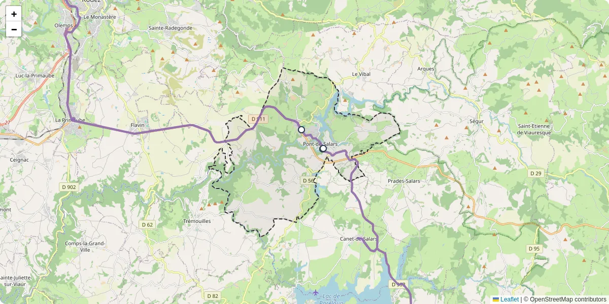 Carte du réseau de transport en commun à Pont-de-Salars - lignes de bus et arrêts