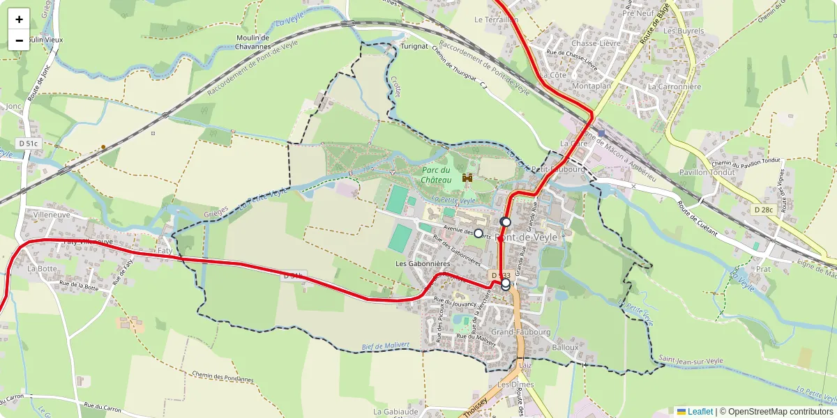 Carte du réseau de transport en commun à Pont-de-Veyle - lignes de bus et arrêts
