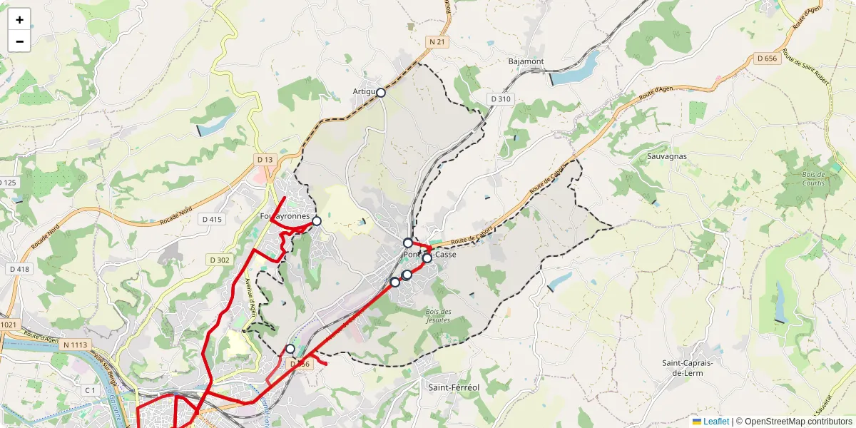 Carte du réseau de transport en commun à Pont-du-Casse - lignes de bus et arrêts
