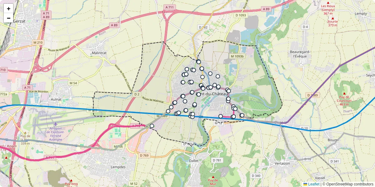 Carte du réseau de transport en commun à Pont-du-Château - lignes de bus et arrêts