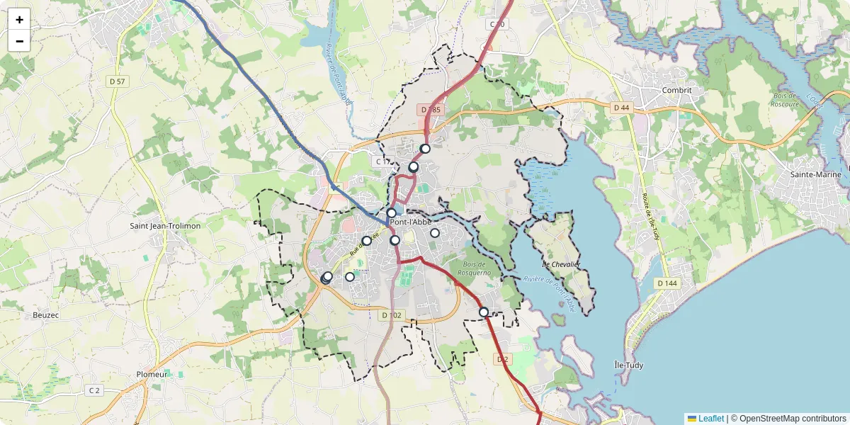 Carte du réseau de transport en commun à Pont-l'Abbé - lignes de bus et arrêts