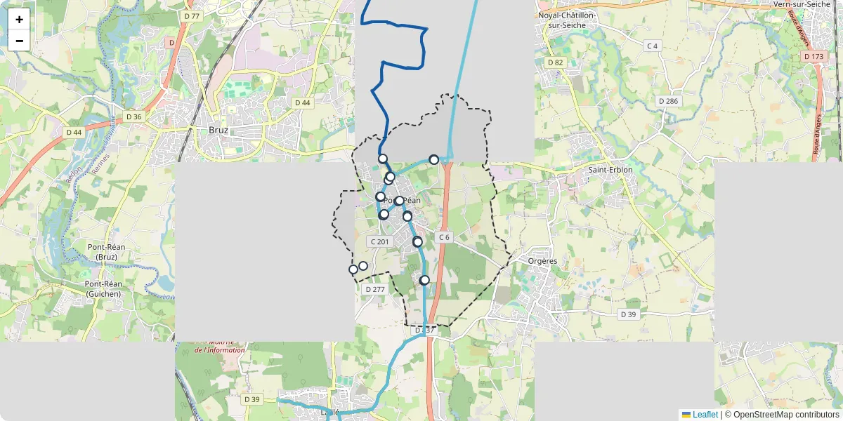 Carte du réseau de transport en commun à Pont-Péan - lignes de bus et arrêts