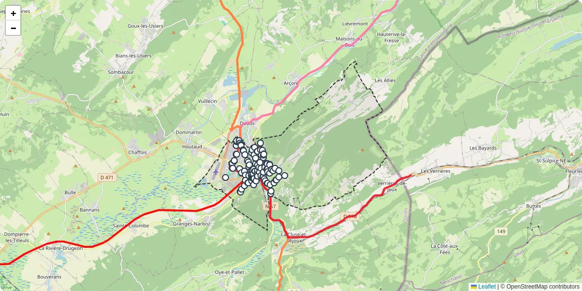 Carte du réseau de transport en commun à Pontarlier - lignes de bus et arrêts