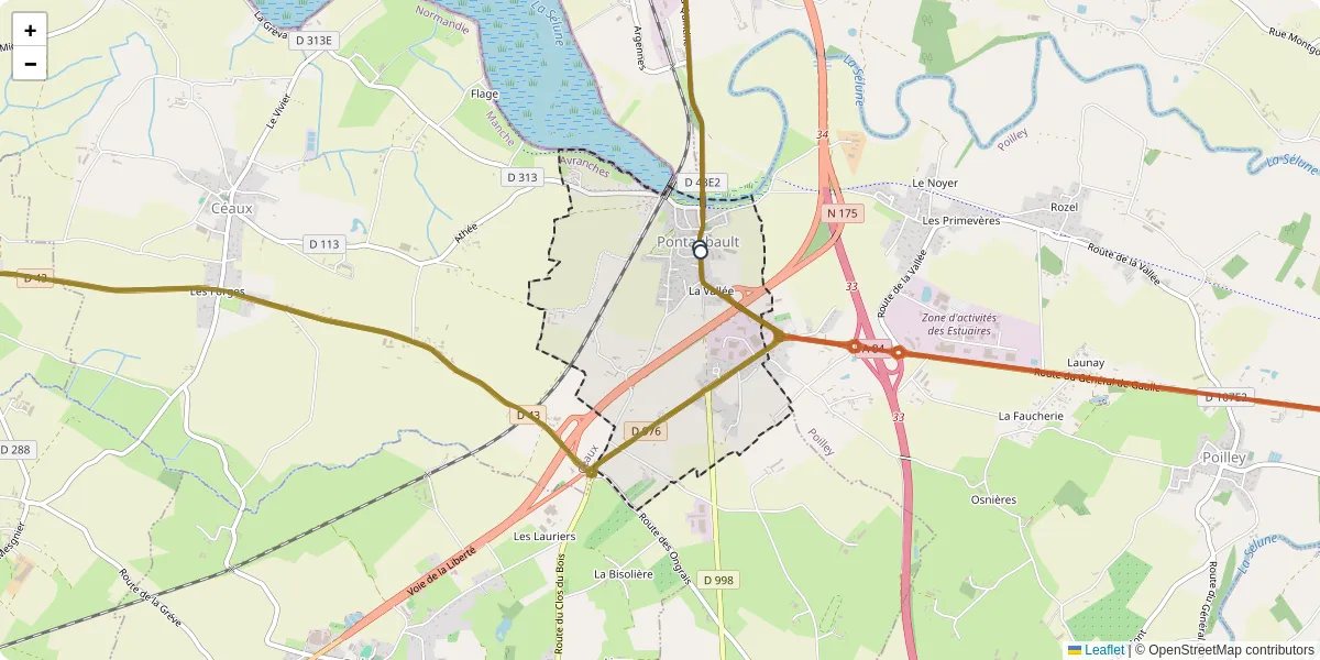 Carte du réseau de transport en commun à Pontaubault - lignes de bus et arrêts