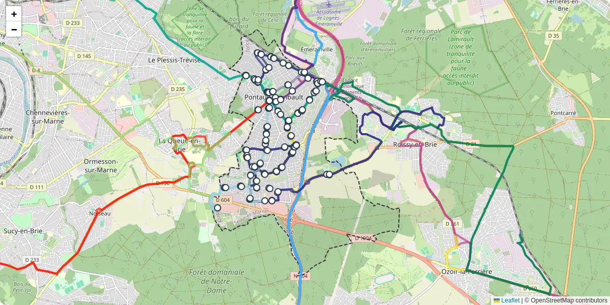 Carte du réseau de transport en commun à Pontault-Combault - lignes de bus et arrêts