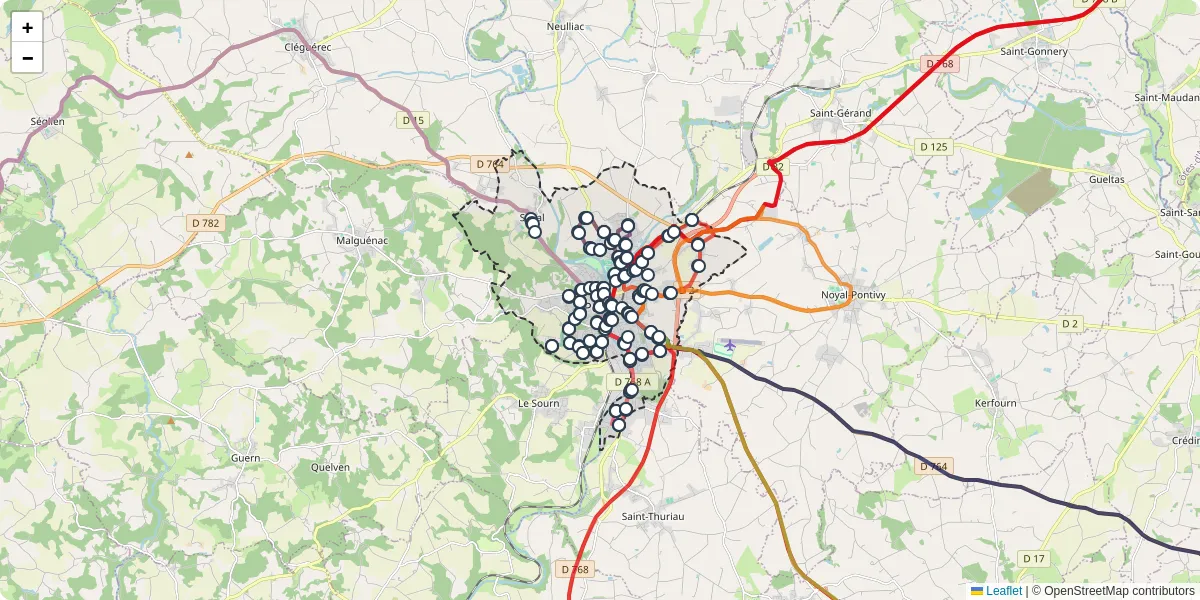 Carte du réseau de transport en commun à Pontivy - lignes de bus et arrêts