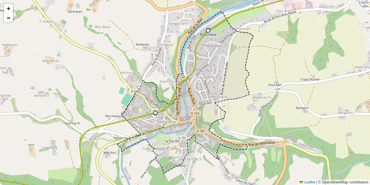 Carte du réseau de transport en commun à Pontrieux - lignes de bus et arrêts