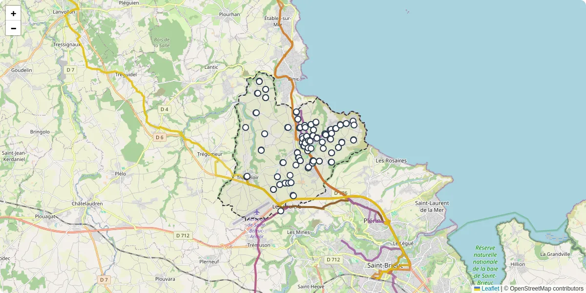 Carte du réseau de transport en commun à Pordic - lignes de bus et arrêts