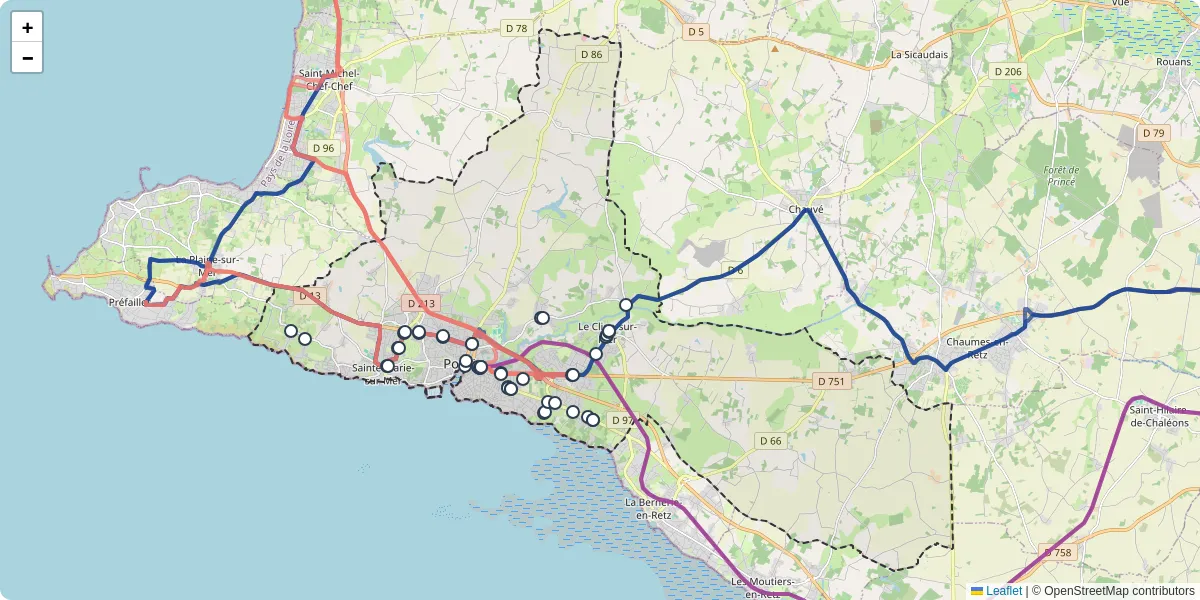 Carte du réseau de transport en commun à Pornic - lignes de bus et arrêts