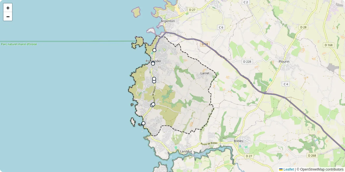 Carte du réseau de transport en commun à Porspoder - lignes de bus et arrêts