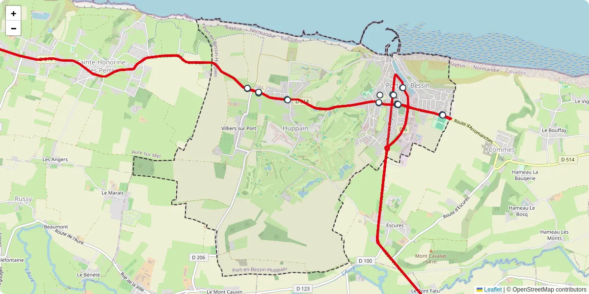 Carte du réseau de transport en commun à Port-en-Bessin-Huppain - lignes de bus et arrêts