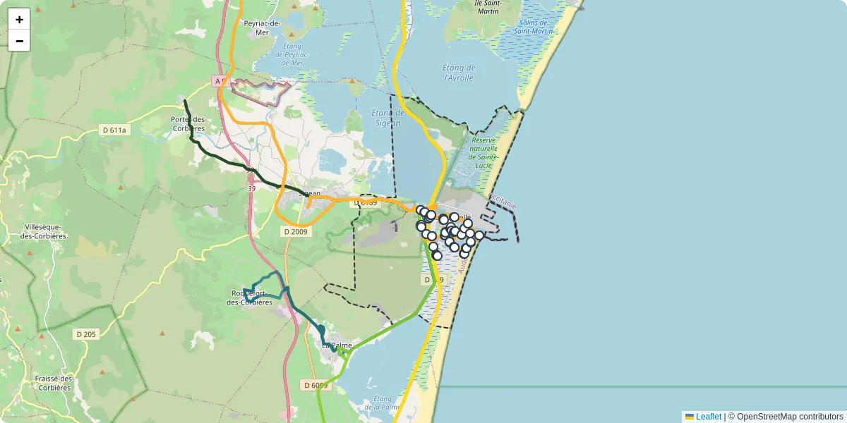 Carte du réseau de transport en commun à Port-la-Nouvelle - lignes de bus et arrêts