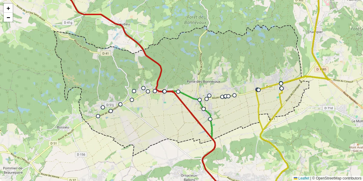 Carte du réseau de transport en commun à Porte-des-Bonnevaux - lignes de bus et arrêts