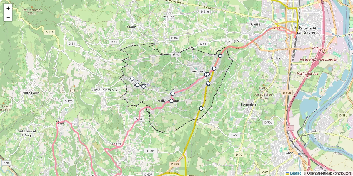 Carte du réseau de transport en commun à Porte des Pierres Dorées - lignes de bus et arrêts