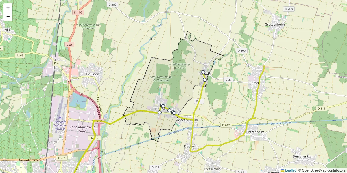 Carte du réseau de transport en commun à Porte-du-Ried - lignes de bus et arrêts