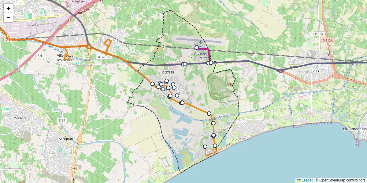 Carte du réseau de transport en commun à Portiragnes - lignes de bus et arrêts