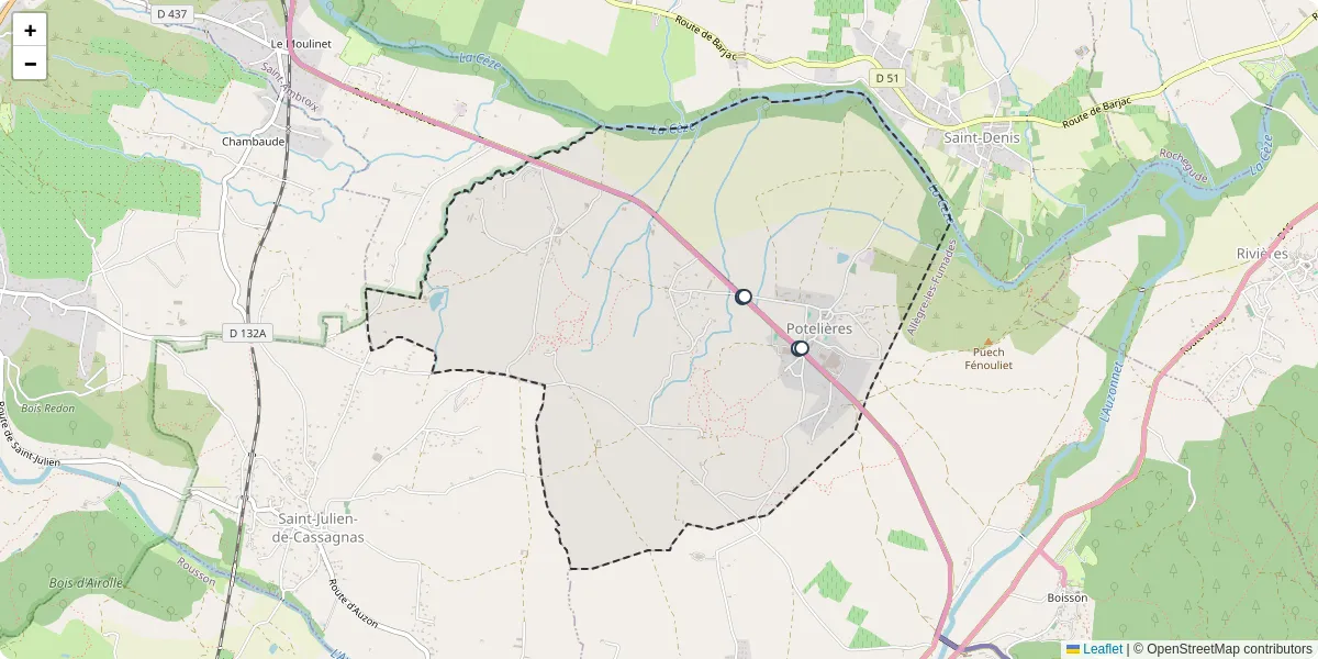Carte du réseau de transport en commun à Potelières - lignes de bus et arrêts
