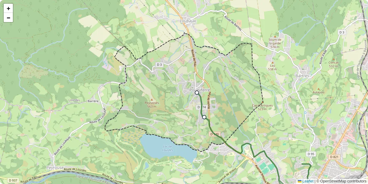Carte du réseau de transport en commun à Poueyferré - lignes de bus et arrêts
