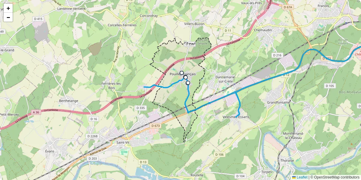 Carte du réseau de transport en commun à Pouilley-Français - lignes de bus et arrêts