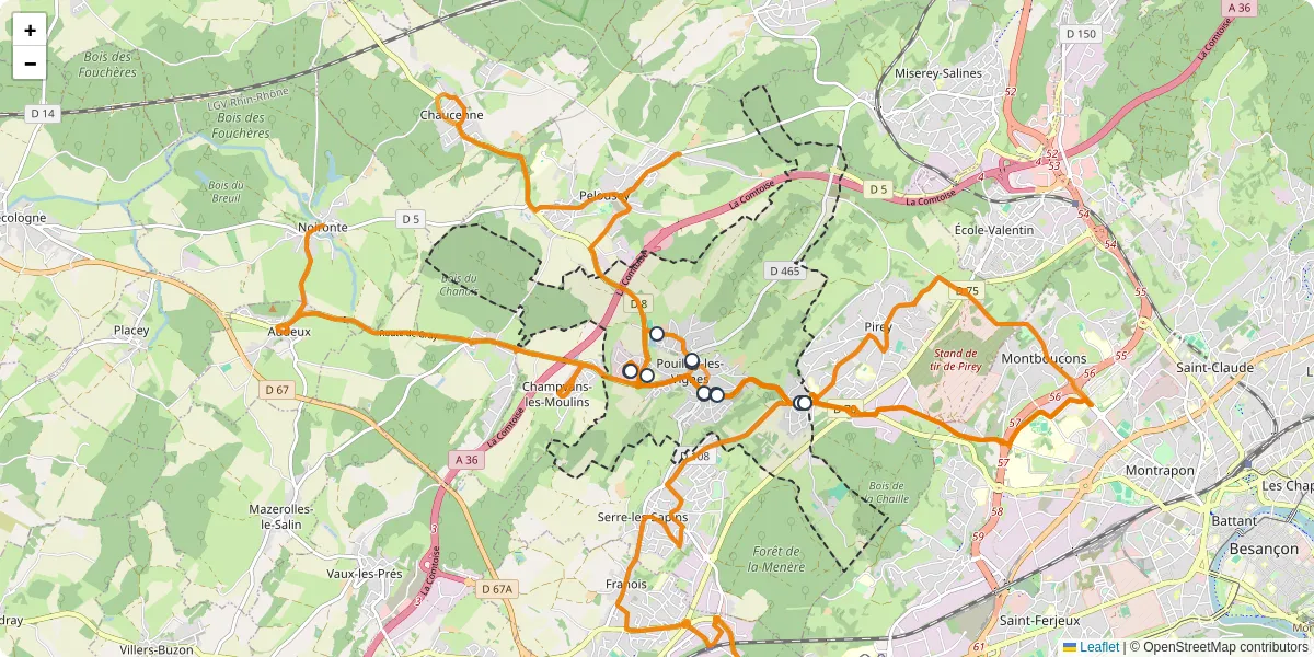 Carte du réseau de transport en commun à Pouilley-les-Vignes - lignes de bus et arrêts